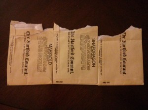 I got these seeds for free over ten years ago, so now they're not so much Hartford Courant as Hartford Old seeds. Maybe one day there'll also be a Princeton Packet promotion -- and then I could get a pack of Packet seed packets.